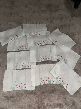Marghab Vintage Embroidered White Linen Cocktail Napkins Set of 11